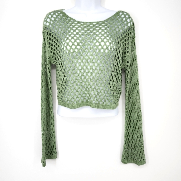 Sage‎ Green Open Knit Top Size S Cropped Long Sleeve Concert Rave Festival Disco - Picture 1 of 7